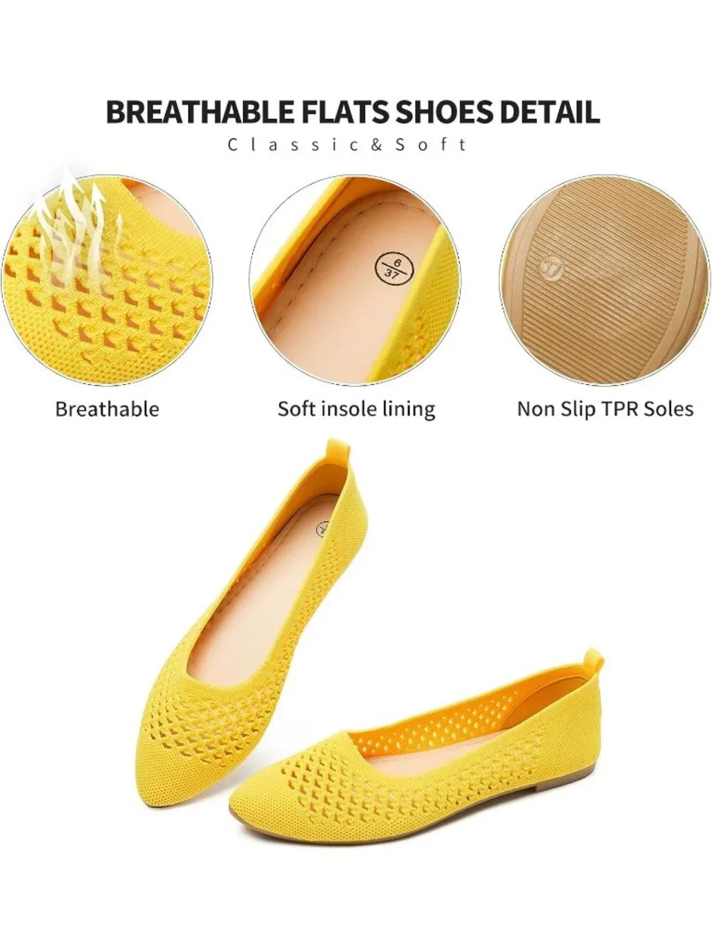 Women's Yellow Comfortable Knit Pointed Toe Slip On Business Casual Ballet Flats